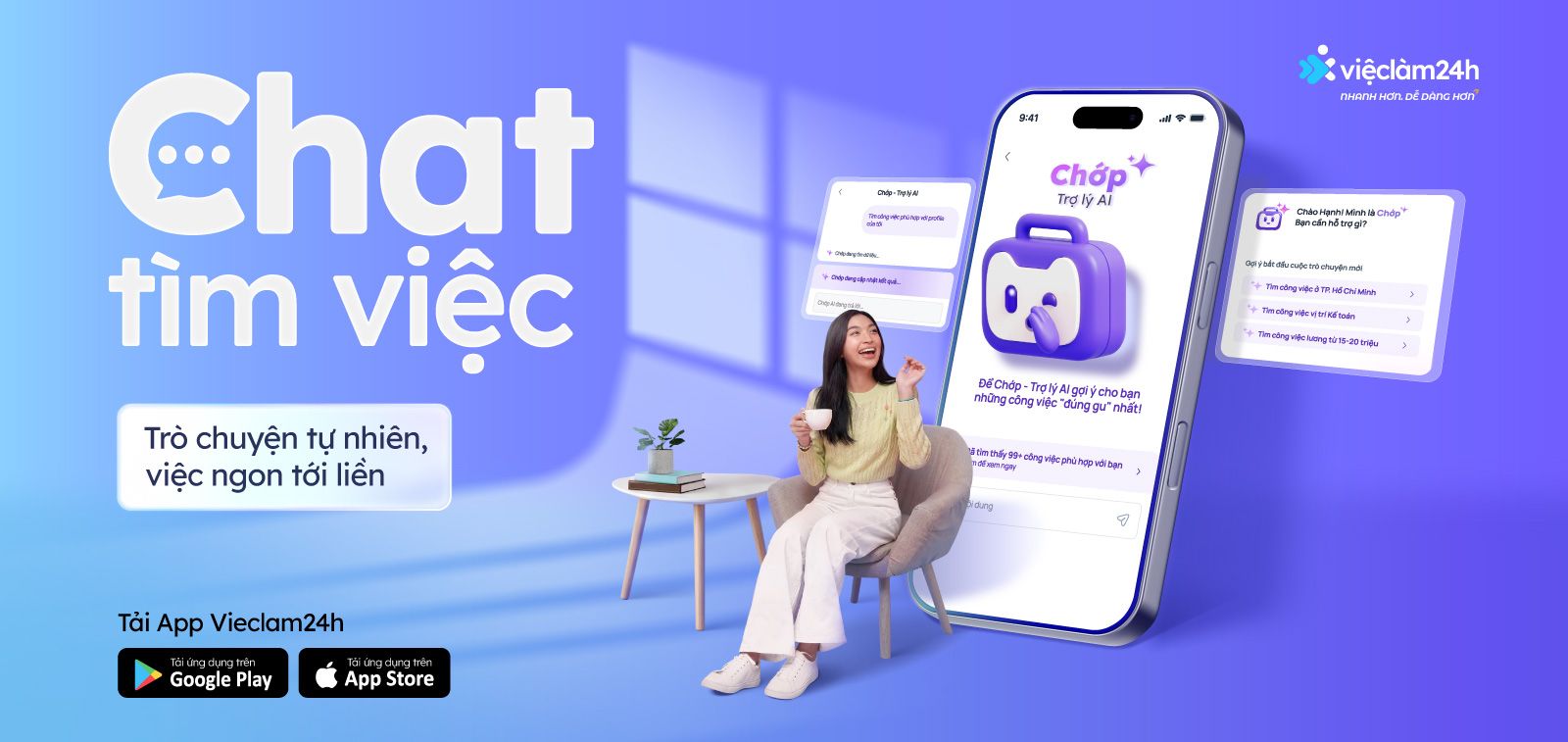 Chat tìm việc với Chớp AI: Trò chuyện tự nhiên, việc ngon tới liền.